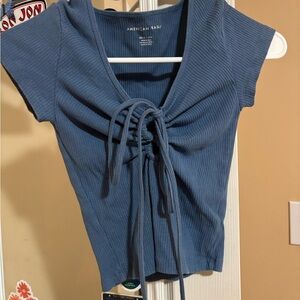 American Eagle Outfitters Blue Ribbed Tie-Front Crop Top